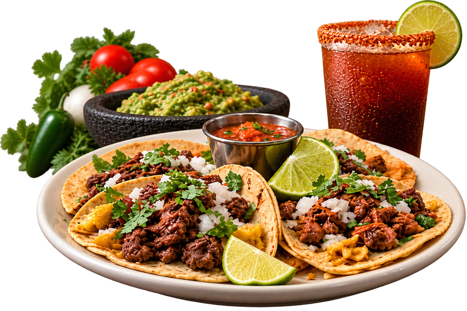 Mexican tacos, salsa, guacamole and a cold drink